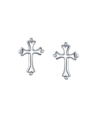 Delicate Simple Fleur De Lis Cross Stud Earrings: Minimalist Religious Jewelry Communion Gift Sterling Silver