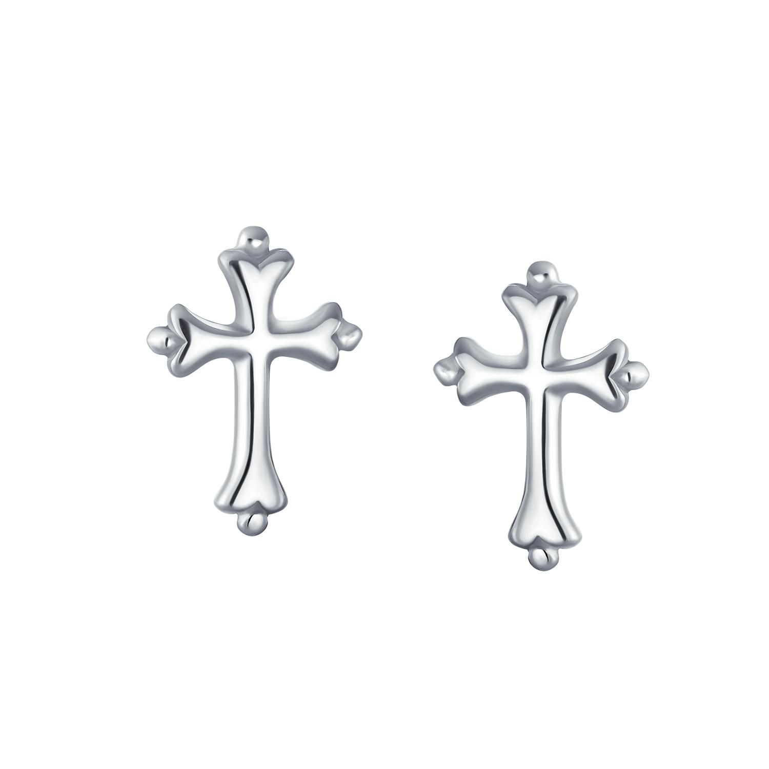 Religious Fleur De Lis Cross Stud Earrings Sterling Silver Communion Gift