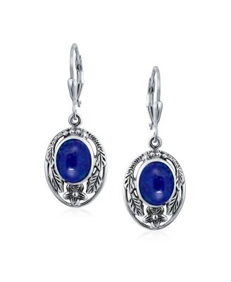 Oval Flower Leaf Carved Blue Synthetic Lapis Lazuli Lever back Earrings Oxidized Sterling Silver