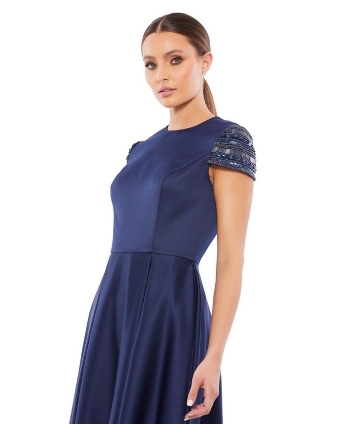 Mac Duggal Women's Ieena High Neck Cap Sleeve Tea Length Dress - Macy's