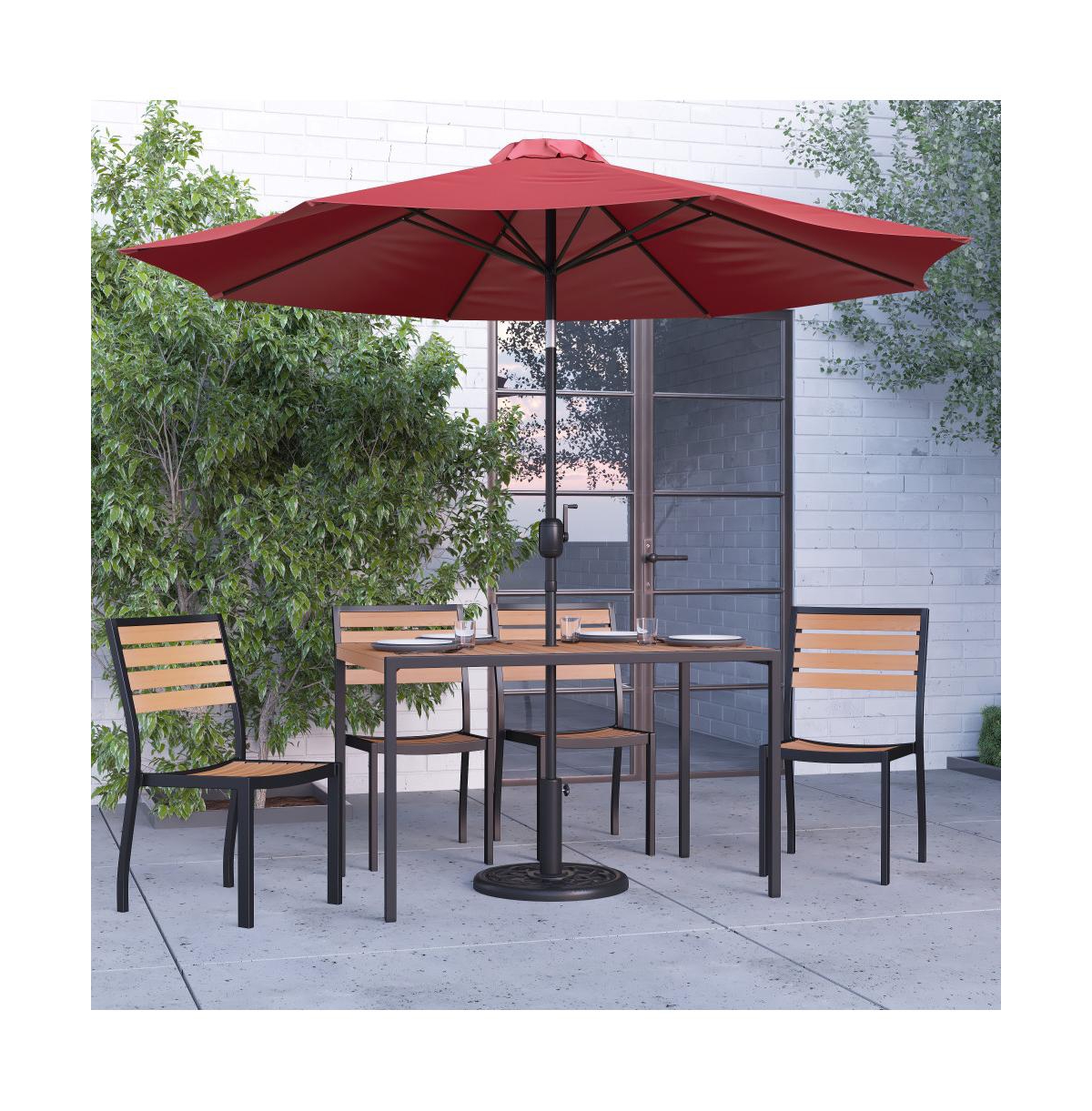 Calle 7 Piece Outdoor Faux Teak Poly Slat Outdoor Furniture Set - Table, 4 Chairs And Patio Umbrella And Base