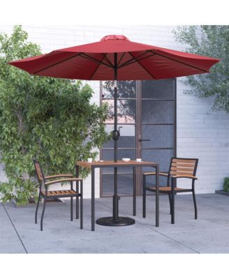 Hampstead Five Piece Faux Teak Patio Dining Set Includes Table, Two Club Chairs, 9' Patio Umbrella And Base