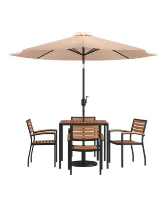 Hampstead Seven Piece Faux Teak Patio Dining Set Includes Table, Four Club Chairs, 9' Patio Umbrella And Base