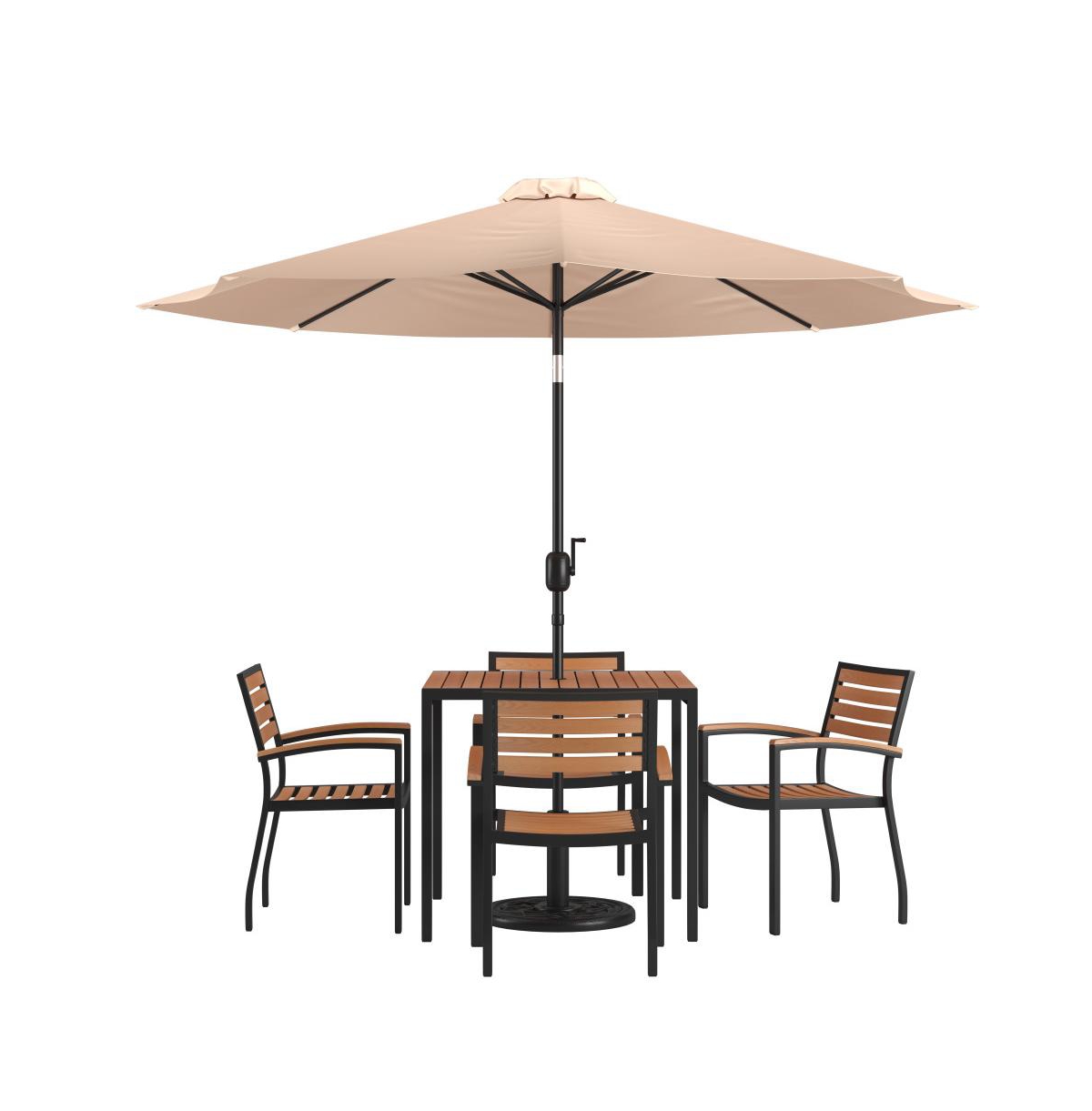 Hampstead Seven Piece Faux Teak Patio Dining Set Includes Table, Four Club Chairs, Patio Umbrella And Base