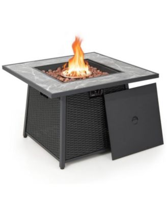 35 Inch Propane Gas Fire Pit Table Wicker Rattan with Lava Rocks PVC Cover-Black
