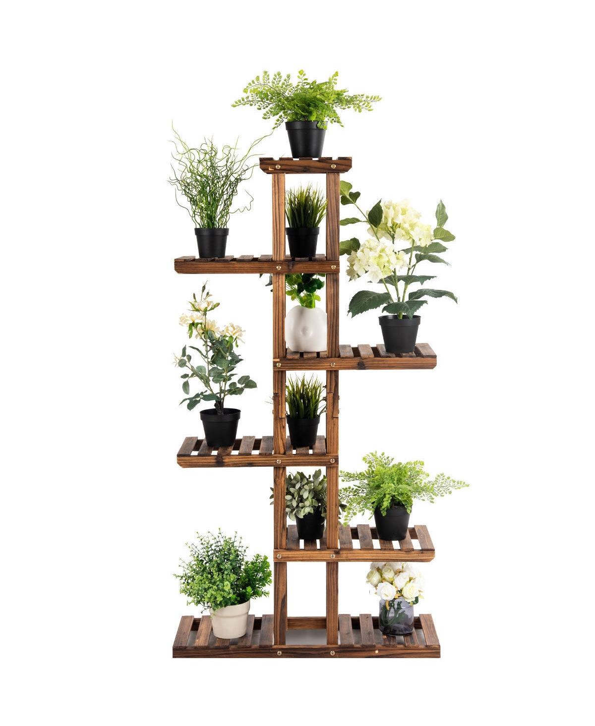 6 Tier Garden Wooden Shelf Storage Plant Rack Stand - Brown
