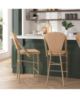 Celia Set Of Two Indoor/Outdoor Stacking Bistro Counter Stools With White And Gray Patterned Seats And Backs & Bamboo Finished Metal Frames