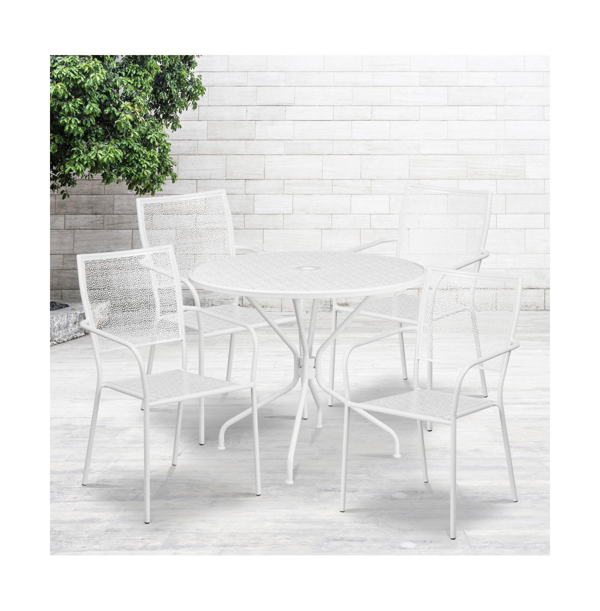 Commercial Grade Round Metal Garden Patio Table Set, 4 Square Back Chairs