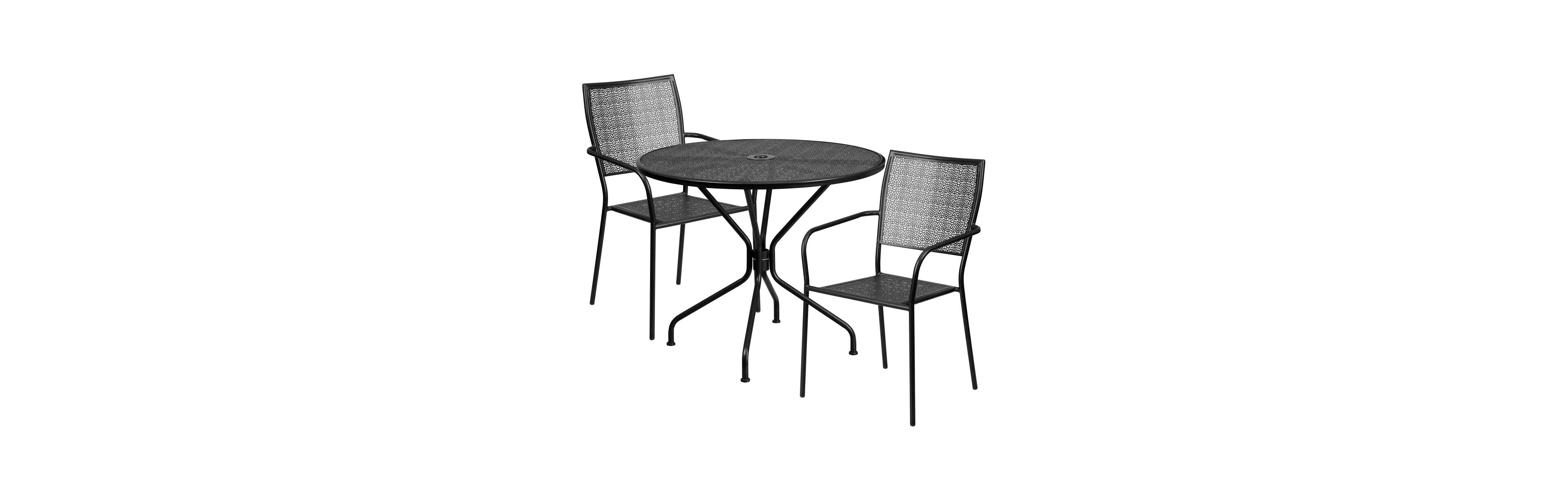 Commercial Grade 35.25" Round Metal Garden Patio Table Set, 2 Square Back Chairs