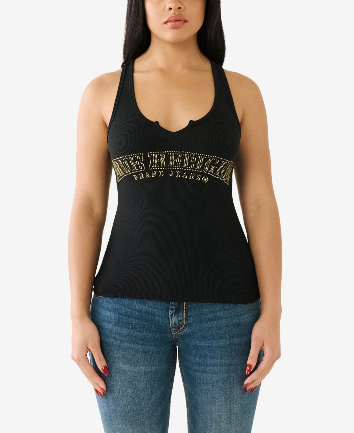 Shop True Religion Women's Arched Logo V Notch Tank In Jet Black