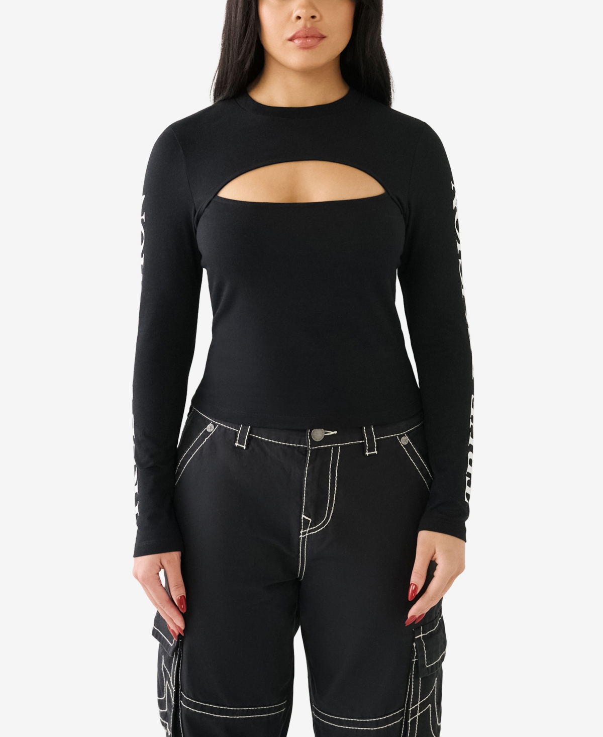 Women's Long Sleeve Cut Out T-shirt - Jet Black