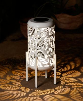 14.25" H Metal Cutout Leaves Pattern Solar Powered LED Outdoor Lantern with Stand
