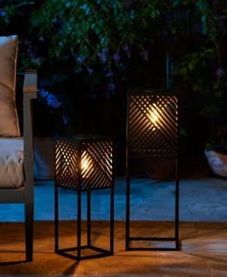 23.75" H, 17.75" H Set of 2 Metal Stripes Geometric Solar Powered Edison Bulb Outdoor Floor Lantern or Planter Stands
