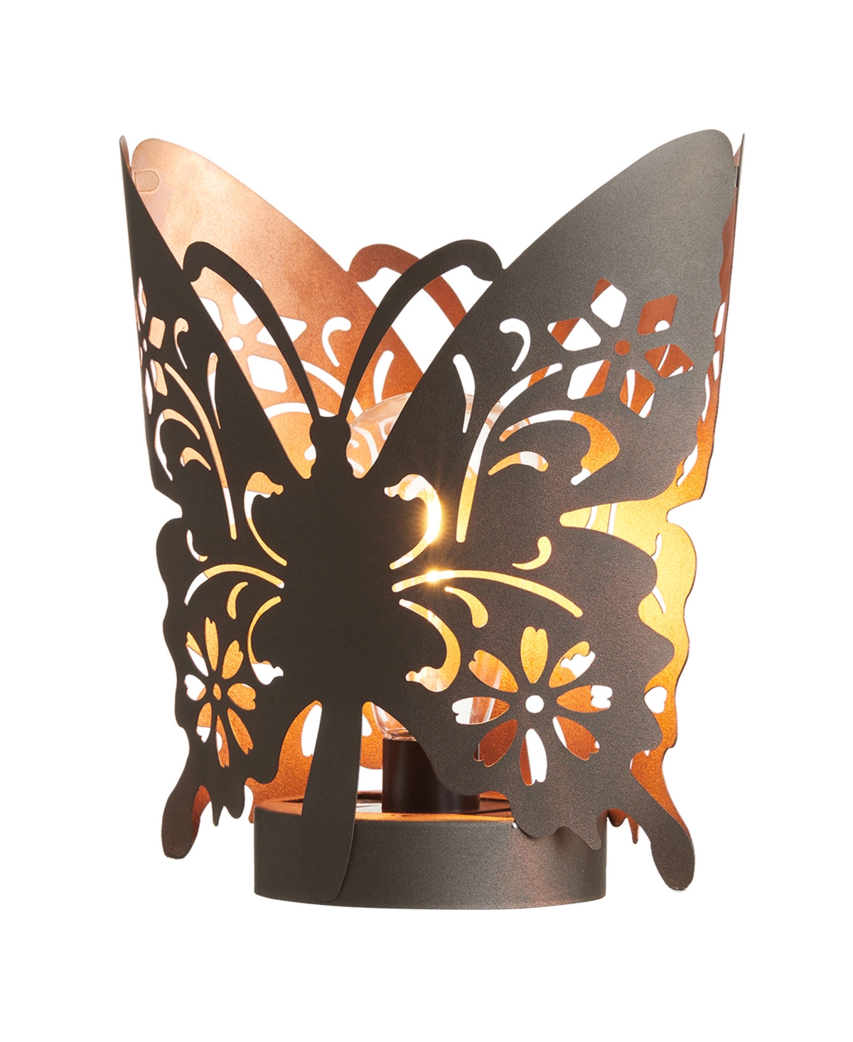 9" L Black and Gold-Tone Metal Cutout Flying Butterfly Silhouette Solar Powdered Edison Bulb Outdoor Lantern - Multi