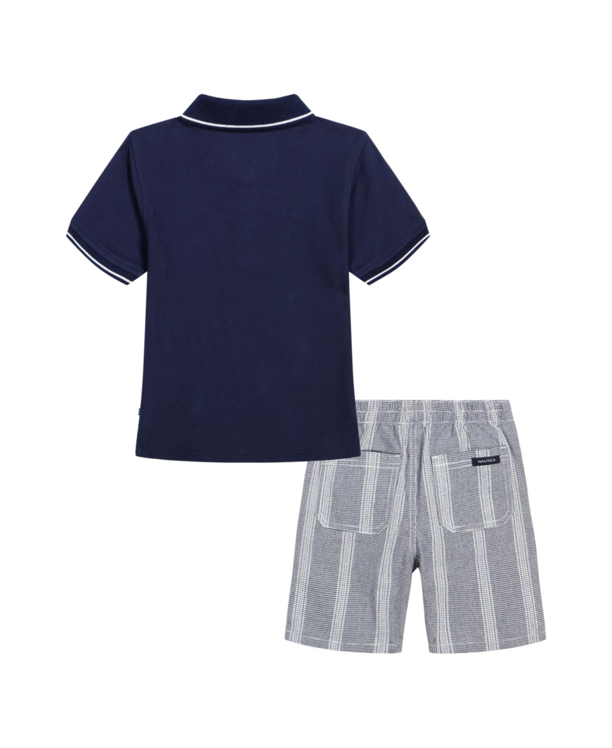 Shop Nautica Little Boys Tipped Pique Polo Shirt And Prewashed Plaid Shorts, 2 Pc Set In Navy,gray