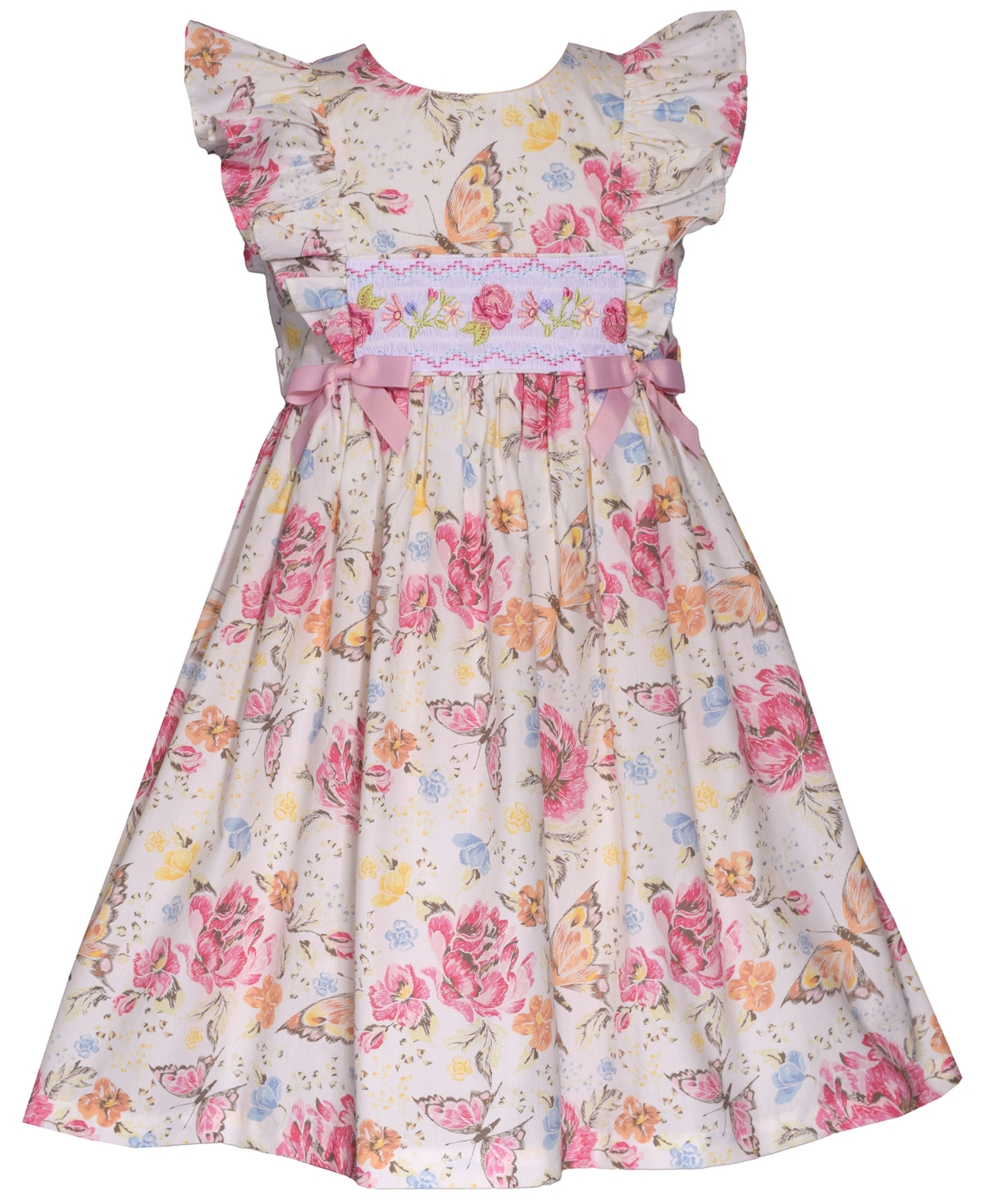 BONNIE JEAN LITTLE GIRLS SMOCKED ROSE AND BUTTERFLY PRINT DRESS