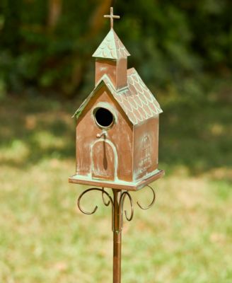 53"H Farmhouse Faux Copper Distressed Metal Church Outdoor Decorative Garden Birdhouse with Stake
