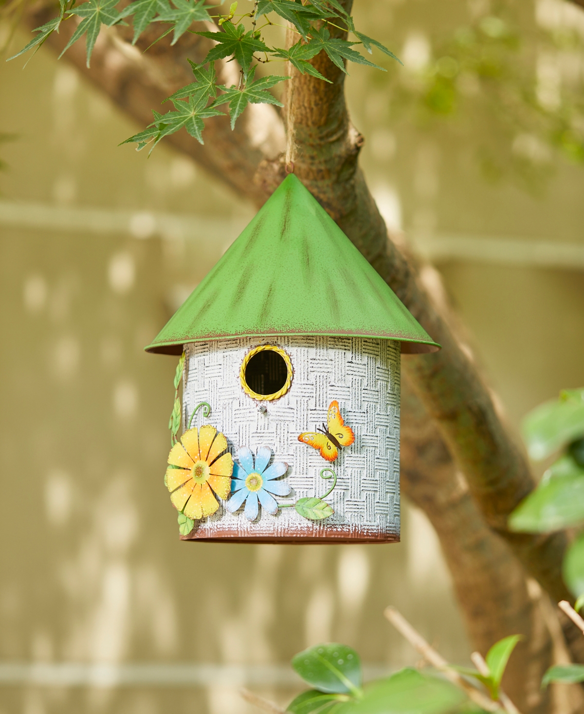 Glitzhome 11" H Stylish Distressed Metal Cottage Decorative Birdhouse With A Cluster Of 3d Flowers And Butterf In Multi
