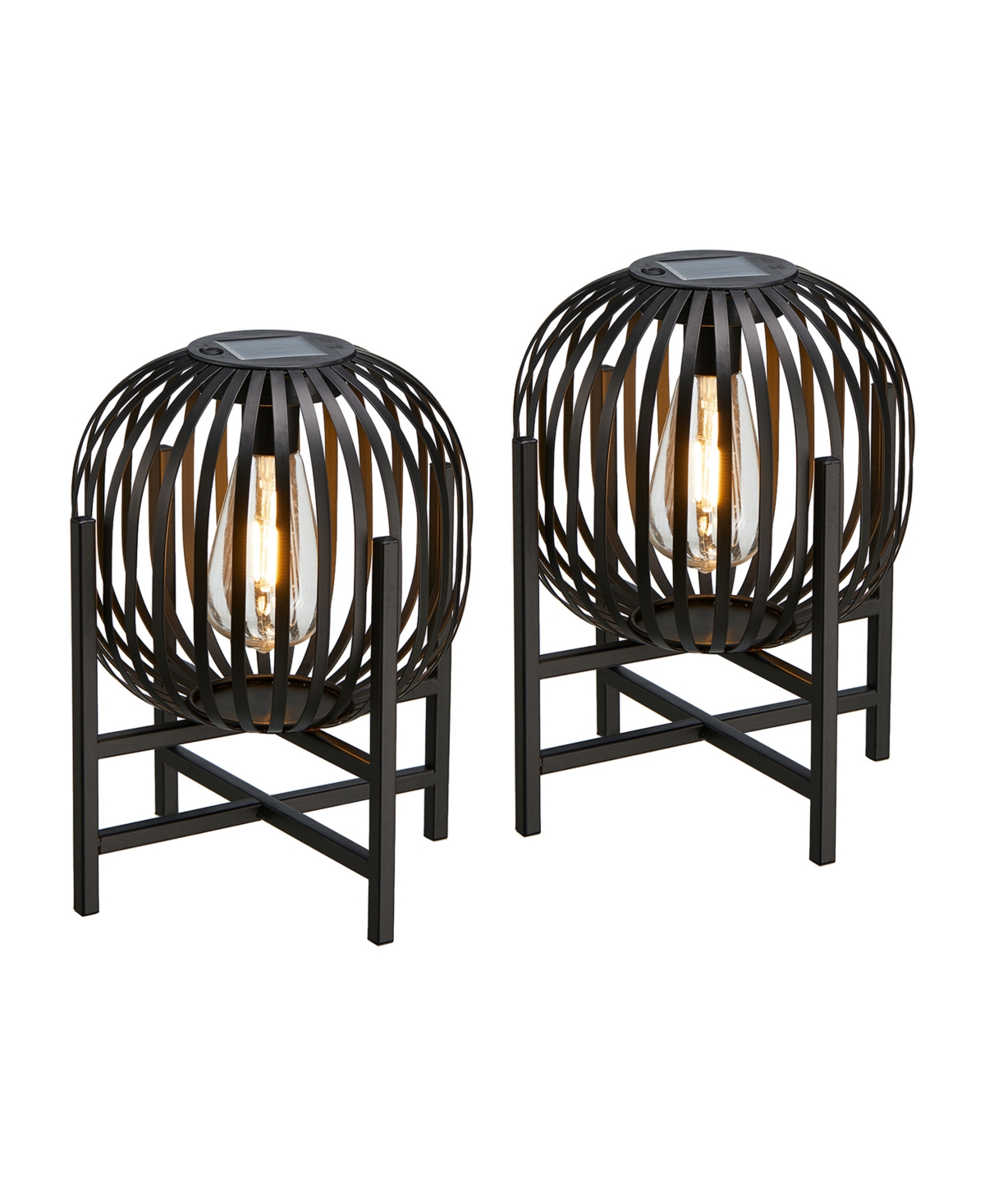 11.50" H Set of 2 Black Metal Stripes Solar Powered Edison Bulb Outdoor Lantern with Stand - Black