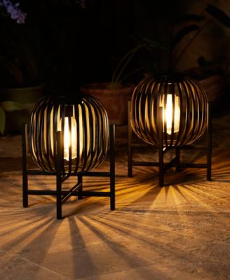 11.50" H Set of 2 Black Metal Stripes Solar Powered Edison Bulb Outdoor Lantern with Stand