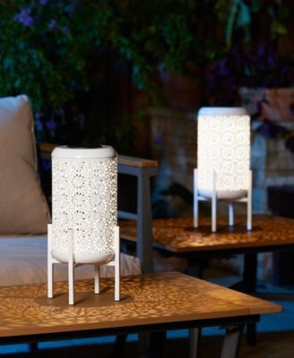 14.25" H Set of 2 Metal Cutout Flower Pattern Solar Powered LED Outdoor Lantern with Stand