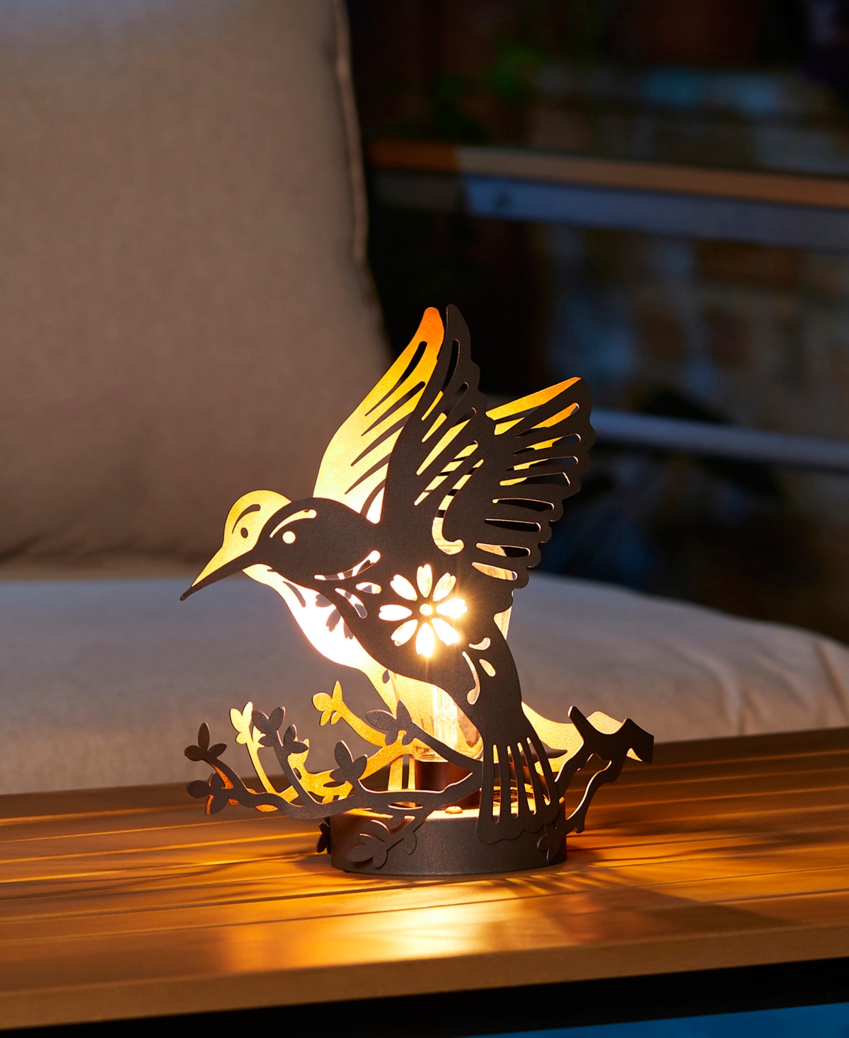 Glitzhome 9.75" H Set Of 2 Black And Gold-tone Metal Cutout Flying Hummingbird Silhouette Solar Powered Edison In Multi