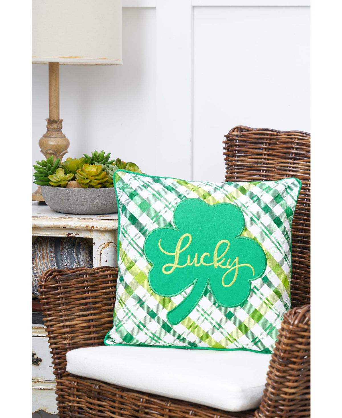 16" x 16" St. Patrick's Day "Lucky" Clover Plaid Square Accent Throw Pillow