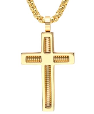 Men's 18k Gold-Plated Stainless Steel Spring Inlay Cross 24" Pendant Necklace