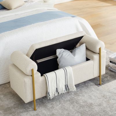 Streamdale Beige Linen Storage Bench with Iron Legs