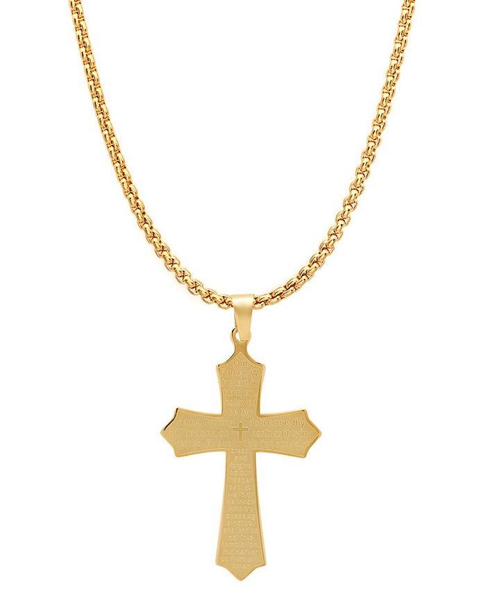 Men's Lord's Prayer Cross Pendant Necklace - Gold/Black Plated Stainless Steel Chain