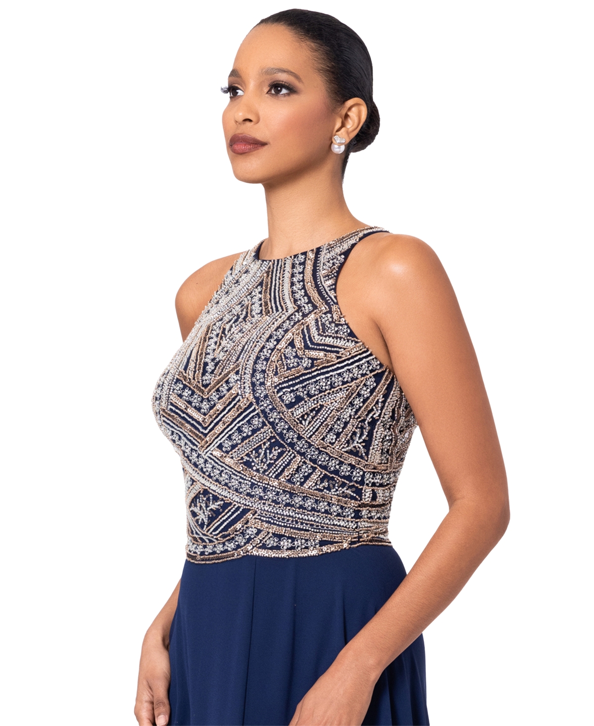 Shop Betsy & Adam Petite Beaded Gown In Navy,silver,copper