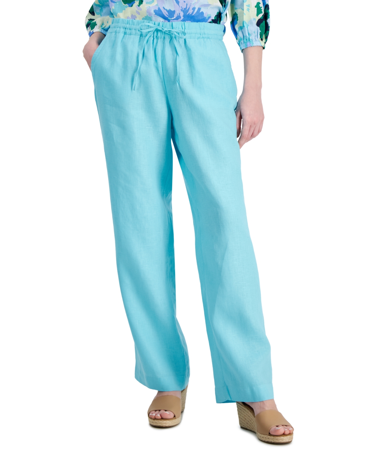 Shop Charter Club Women's 100% Linen Drawstring-waist Pants, Created For Macy's In Light Pool Blue