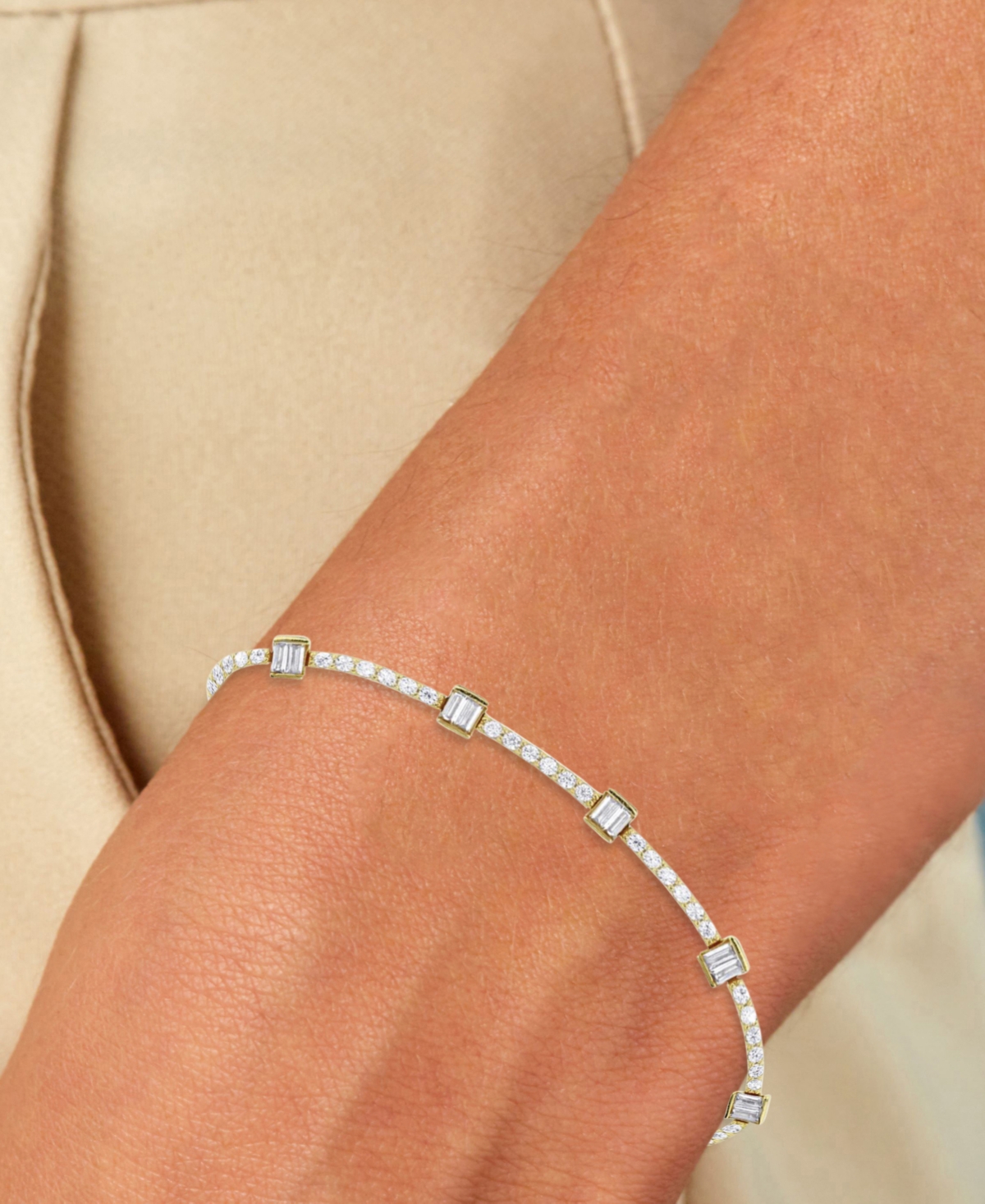 Macy's Cubic Zirconia Round & Baguette Tennis Bracelet In 14k Gold-plated Sterling Silver In Gold