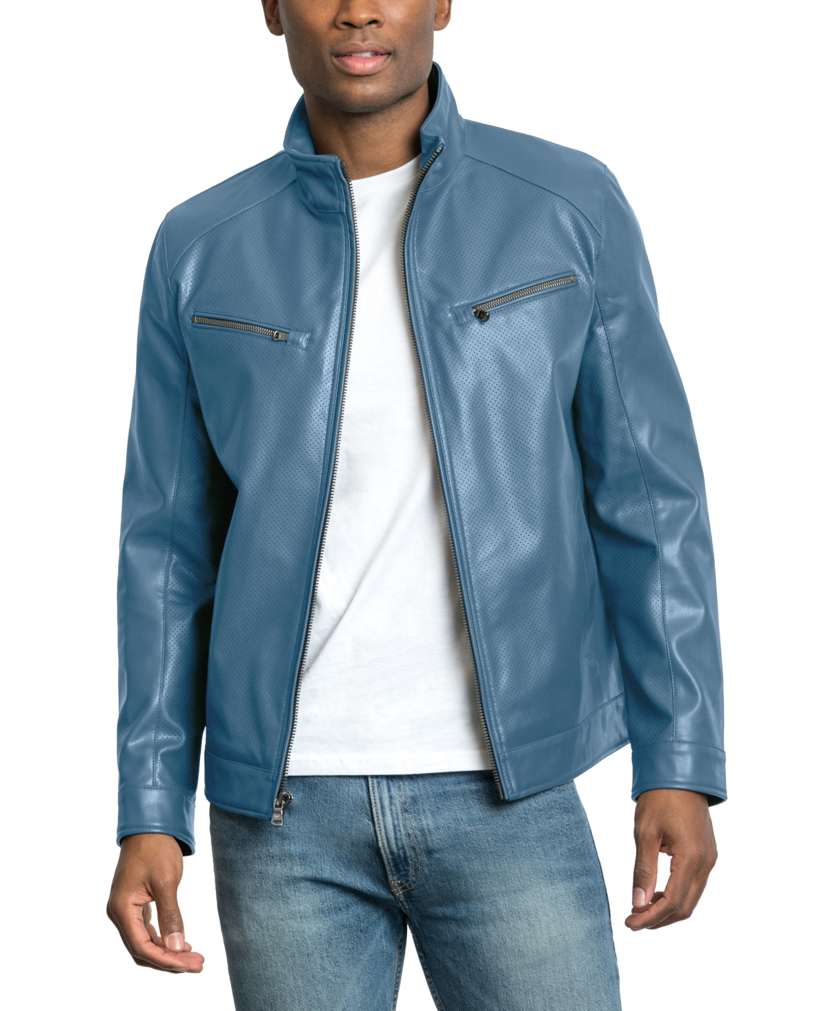 Shop Michael Kors Men's Perforated Faux Leather Hipster Jacket, Created For Macy's In Blueberry