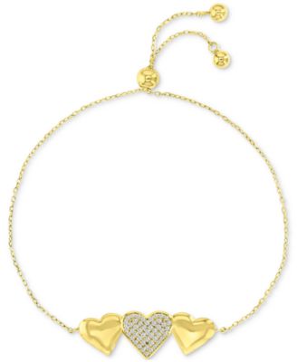 Cubic Zirconia Pav&eacute; & Polished Triple Heart Chain Link Bolo Bracelet