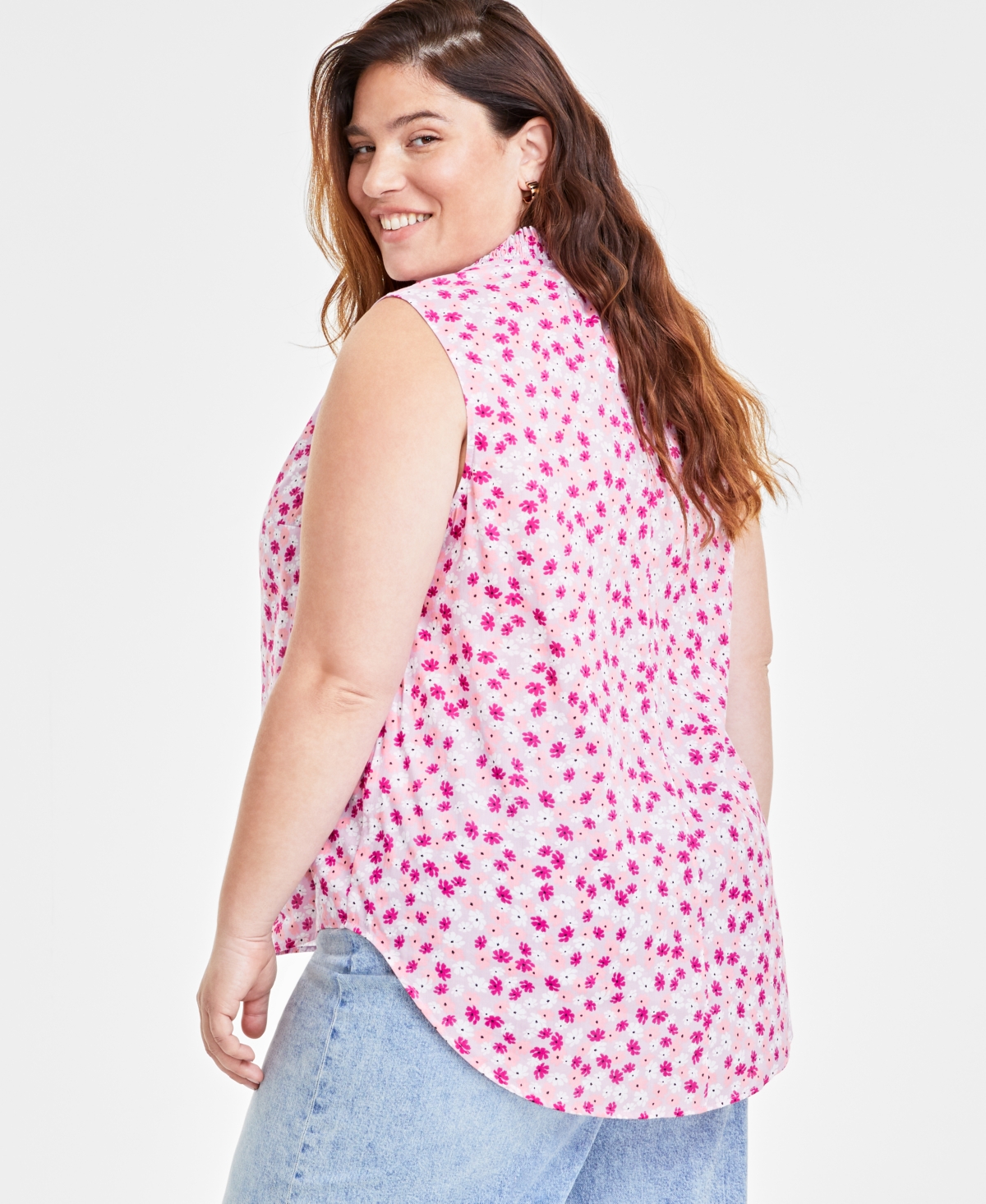 On 34th Trendy Plus Size Floral-Print Smocked-Trim Top, Created for Macy's
