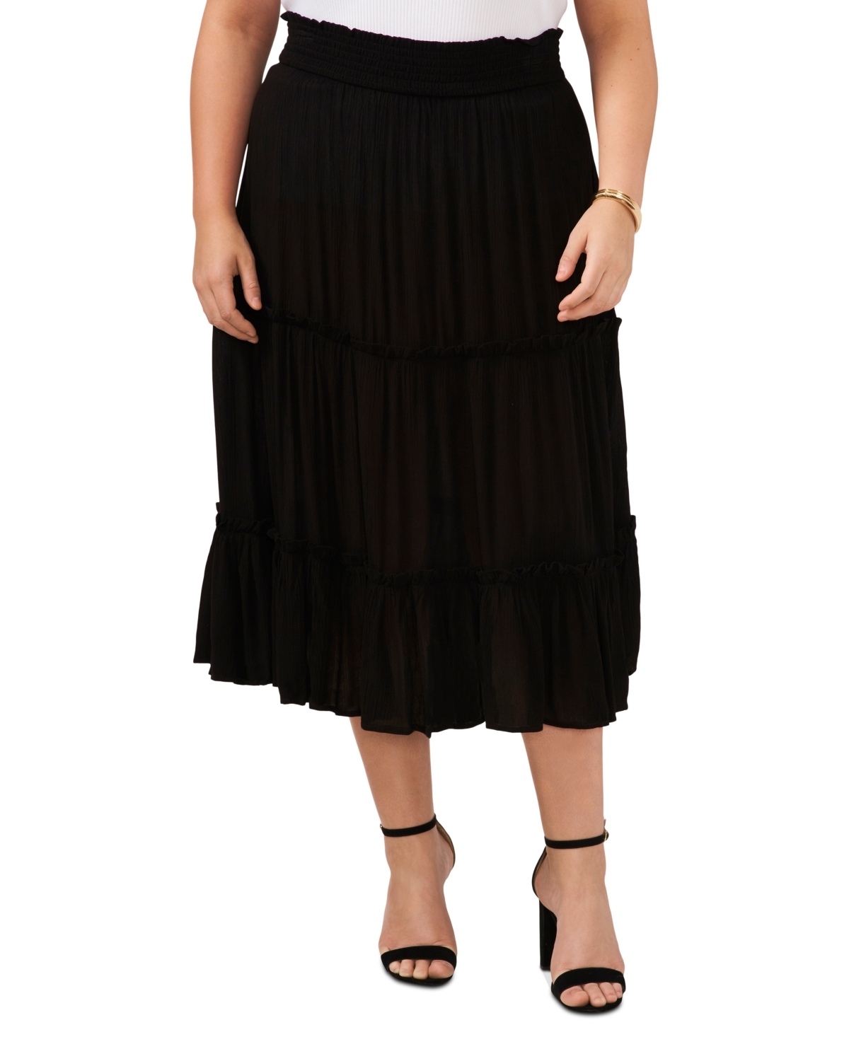 Plus Size Pull-On Tiered Midi Skirt - Rich Black