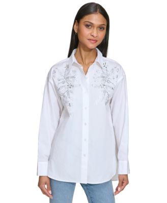 KARL LAGERFELD PARIS - Women's Embellished Button-Front Cotton Shirt