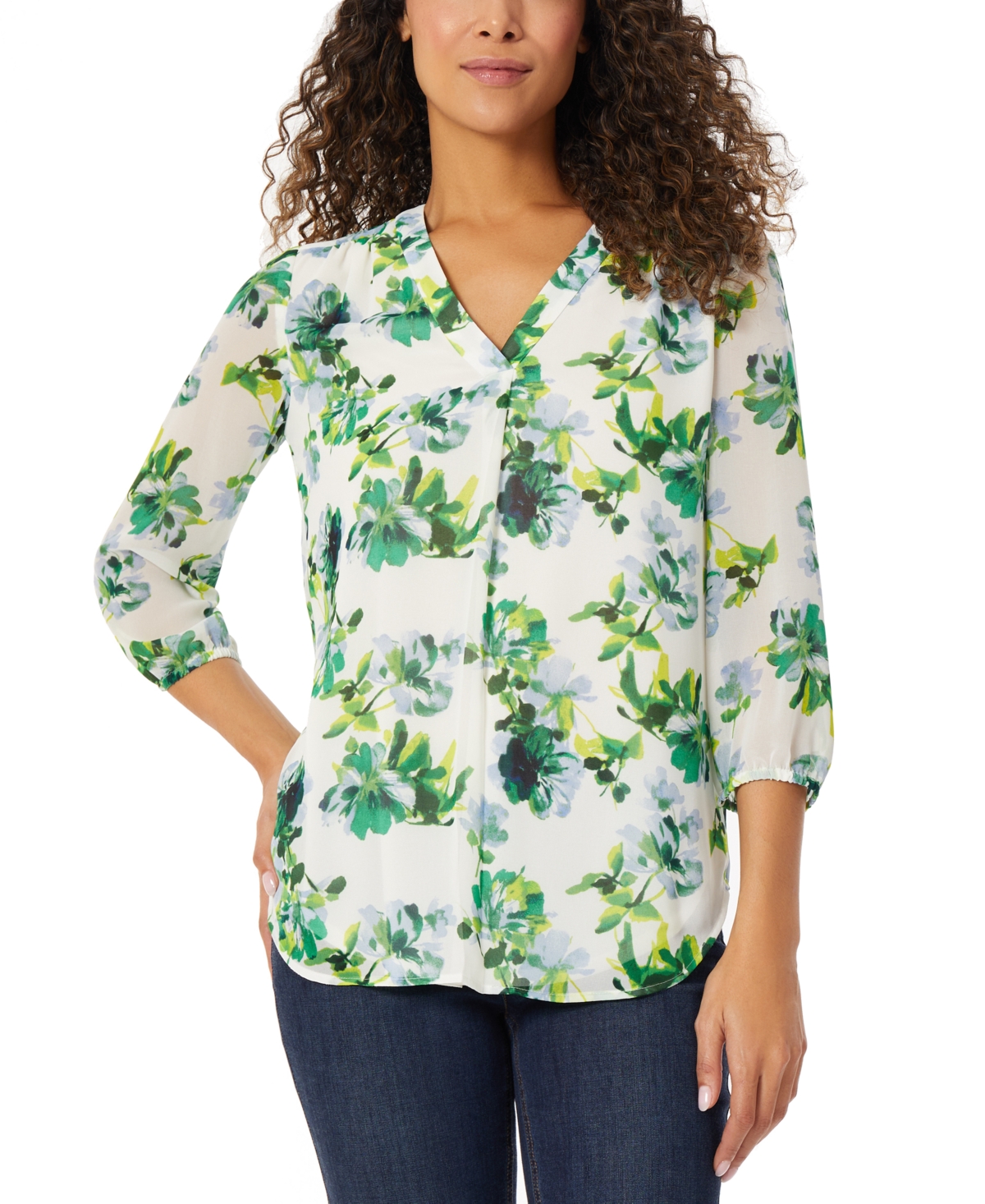Women's Floral-Print 3/4-Sleeve Tunic Top - NYC White/Kelly Multi