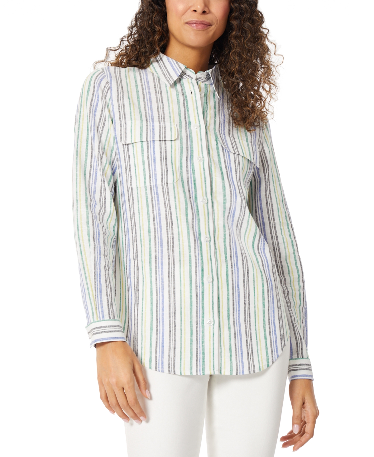 Women's Striped Button-Up Tunic Linen Top - NYC White/Kelly Multi