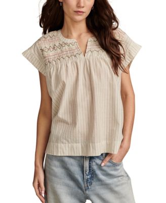 Lucky Brand - Women's Cotton Striped Smocked Popover Blouse