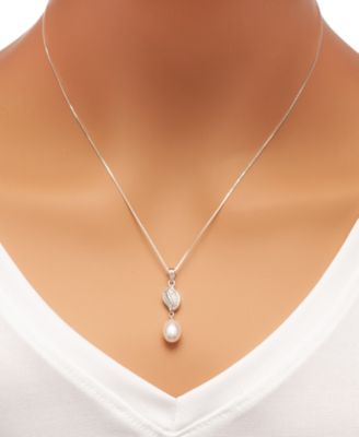 Cultured Freshwater Pearl (7x9mm) and Cubic Zirconia Pendant Necklace and Matching Drop Earrings Set in Sterling Silver