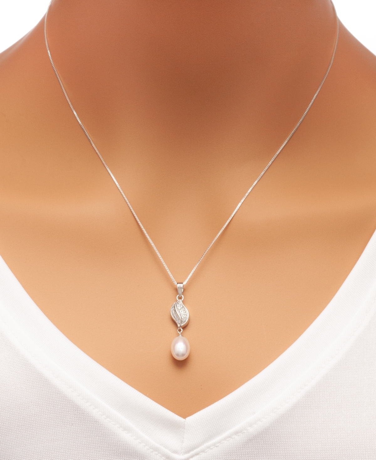 Cultured Freshwater Pearl (7x9mm) and Cubic Zirconia Pendant Necklace and Matching Drop Earrings Set in Sterling- Silver