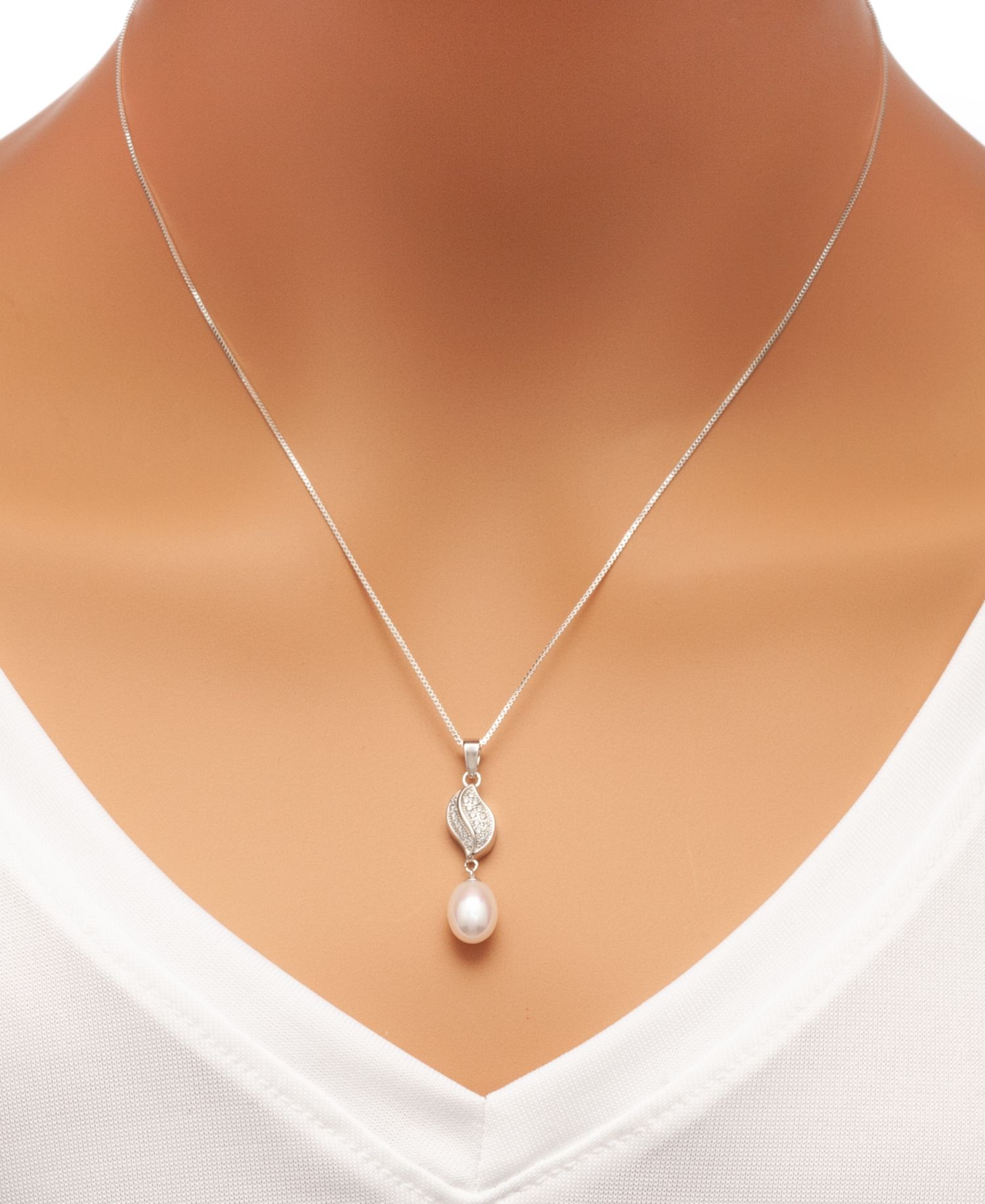 Cultured Freshwater Pearl (7x9mm) and Cubic Zirconia Pendant Necklace and Matching Drop Earrings Set in Sterling Silver