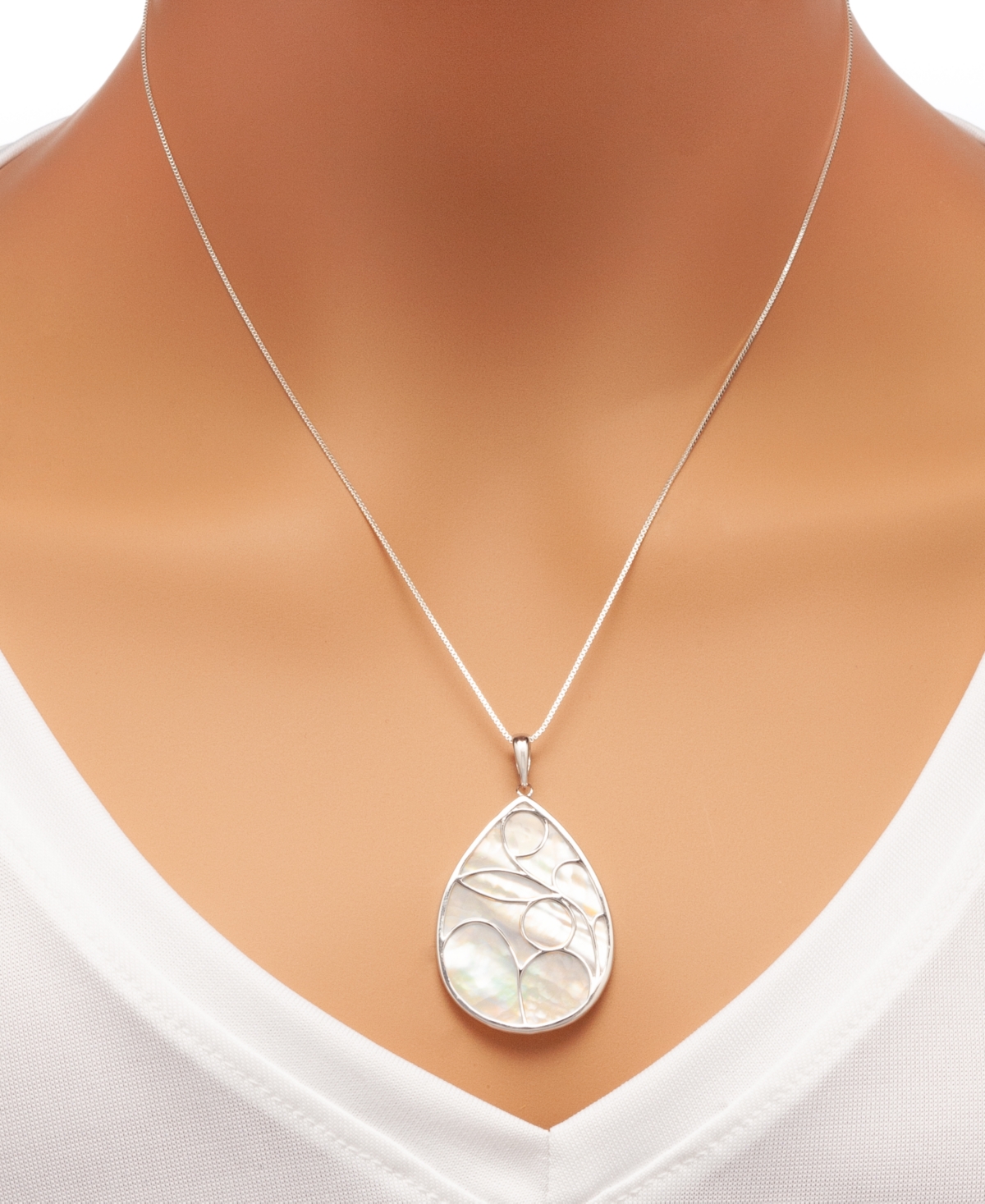 Caged Teardrop of Genuine White Mother of Pearl Pendant Set - Sterling Silver