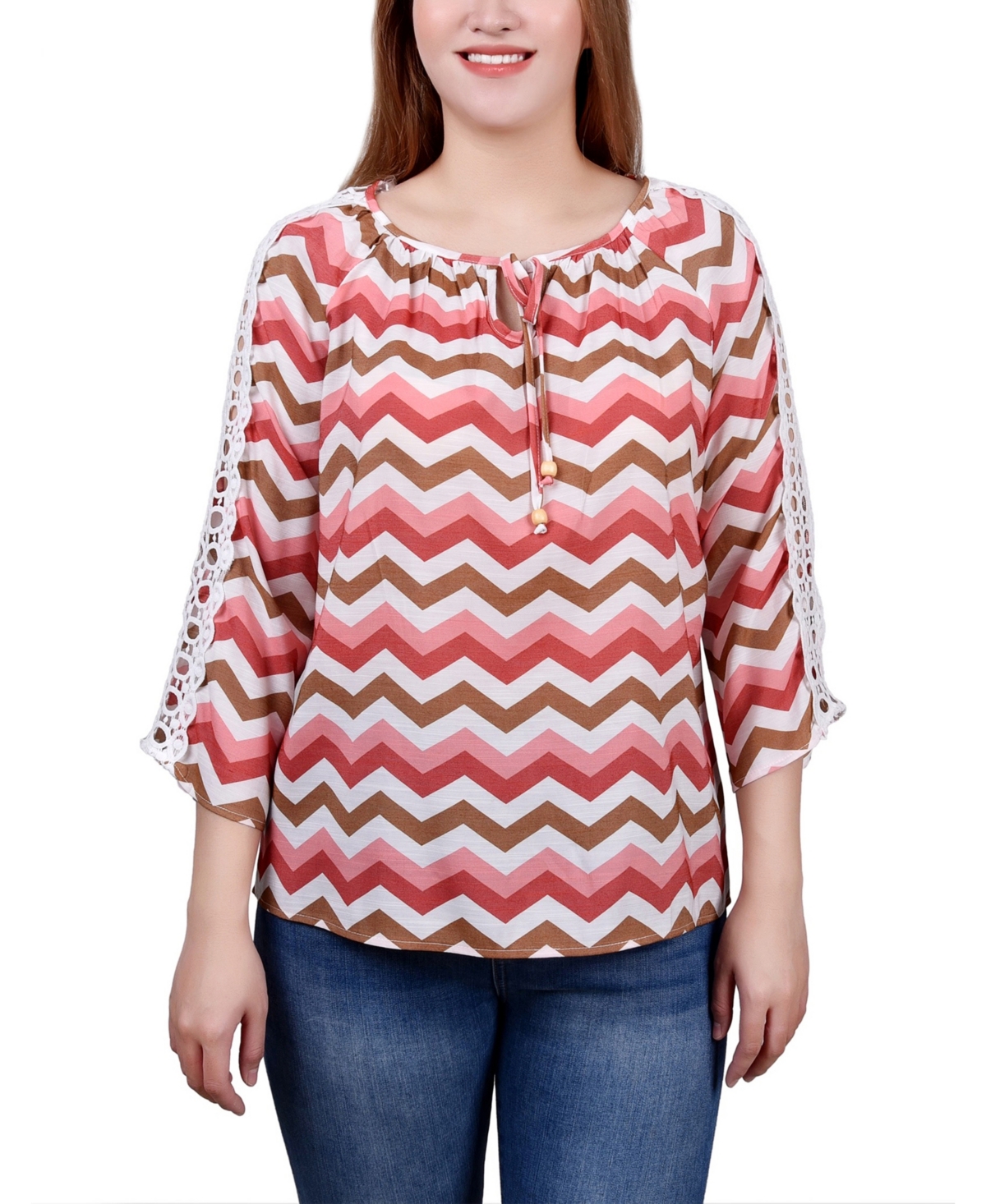 Petite 3/4 Sleeve Tunic with Crochet and Tie Neck - Pink Wht Chevron