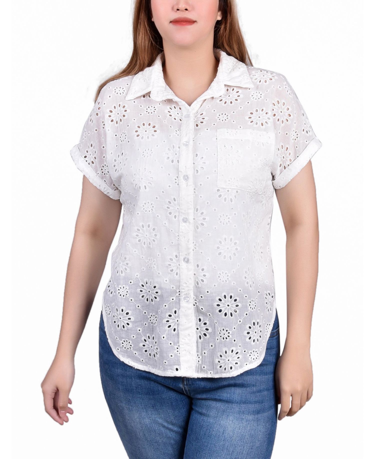 Petite Short Sleeve Eyelet Knit Back Blouse