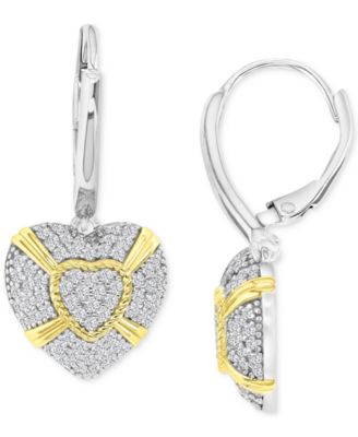 Macy's - Cubic Zirconia Pav&eacute; Heart Leverback Drop Earrings in Sterling Silver & 14k Gold-Plate