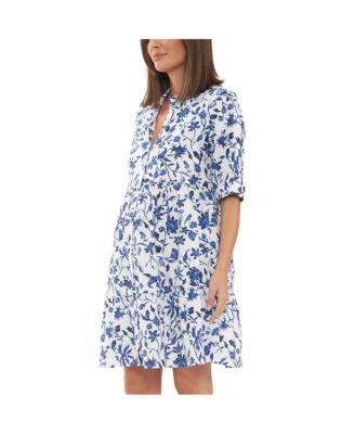 Bella Button Through Linen Dress White/Lapis