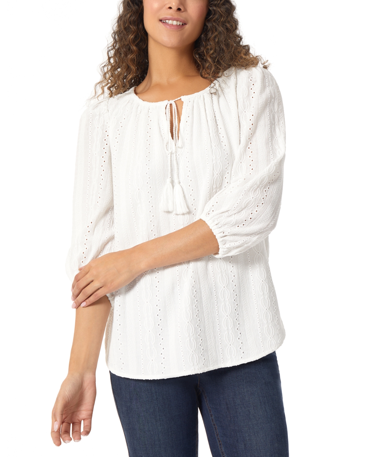 Shop Jones New York Petite Eyelet-embroidered Tie-neck Tunic Top In Nyc White